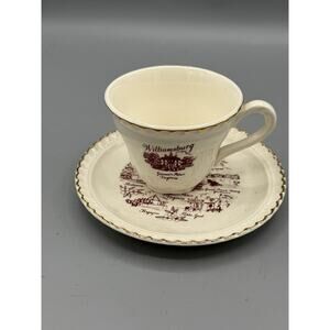 Vintage Williamsburg VA Teacup Saucer Set Red Transferware Gold Trim